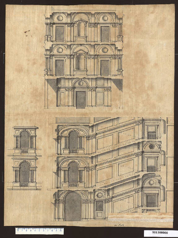 Sezioni e prospetto dello scalone del castello di Feldsberg (disegno) di Martinelli, Domenico (sec. XVII)