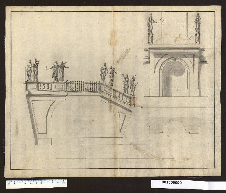 Prospetto del ponte verso il giardino del castello di Austerlitz (disegno) di Martinelli, Domenico (sec. XVII)