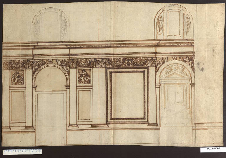 Sezione longitudinale di una navata di chiesa con apparato decorativo scultoreo raffigurante profeti (disegno) - ambito italiano (sec. XVII)