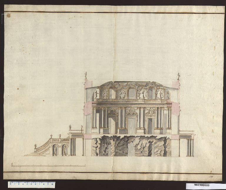 Sezione della villa di delizie Liechtenstein a Rossau presso Vienna (disegno) di Fischer von Erlach, Johann Bernhard (sec. XVII)