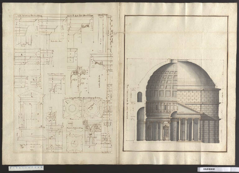 Particolari architettonici e semiprospetto e sezione del Pantheon (disegno) - ambito romano (sec. XVII)