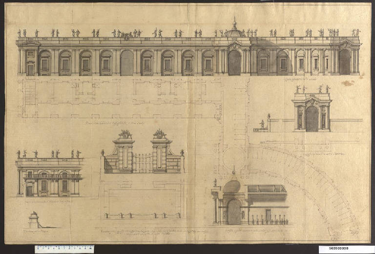 Pianta e prospetti di scuderie e ingresso del castello di Austerlitz (disegno) di Martinelli, Domenico (sec. XVII)