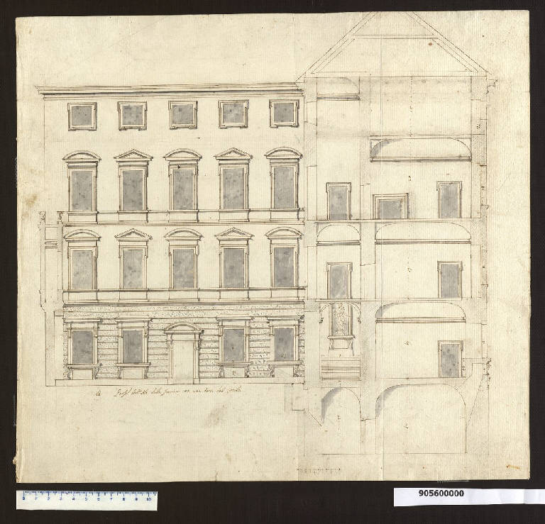 Sezione e prospetto sud del cortile di palazzo Kaunitz-Liechtenstein a Vienna (disegno) di Zuccalli, Henrico (sec. XVII)