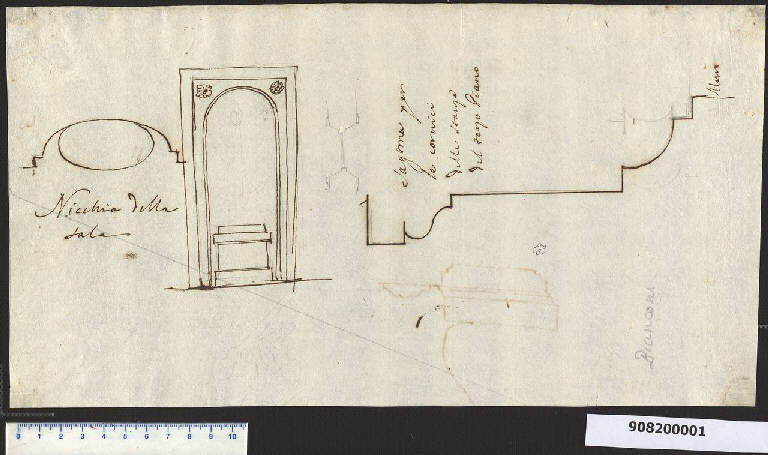 Pianta e alzato di nicchia, sezione di cornice della villa Sardini a Pieve Santo Stefano (disegno) di Bianconi, Carlo (sec. XVIII)