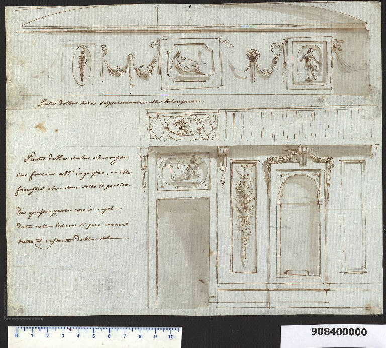 Sezione e ornati della sala nella villa Sardini a Pieve Santo Stefano (disegno) di Bianconi, Carlo (sec. XVIII)