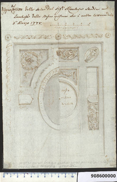 Proiezione in pianta e ornato del soffitto della sala nella villa Sardini a Pieve Santo Stefano (disegno) di Bianconi, Carlo (sec. XVIII)