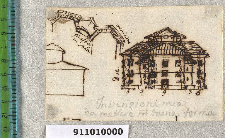 Prospetto e pianta parziale di villa (disegno) di Sardini, Giacomo (sec. XVIII)