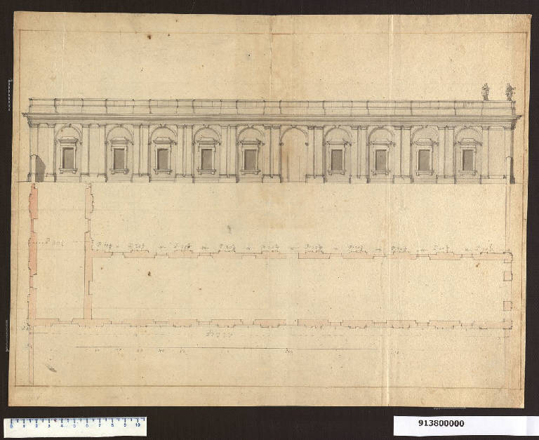 Pianta e prospetto per edificio di servizio del castello di Austerlitz (disegno) di Martinelli, Domenico (sec. XVII)