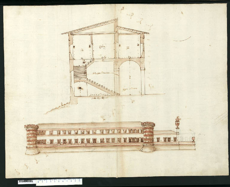 Sezione e prospetto di un monastero (disegno) - ambito romano (secc. XVI/ XVII)