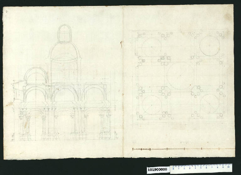 Pianta e sezione di una chiesa (disegno) - ambito romano (secc. XVI/ XVII)