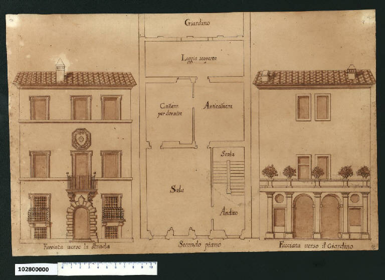 Prospetti e pianta del primo piano della casa di Giovanni Battista Gisleni a Roma (disegno) di Gisleni, Giovanni Battista (sec. XVII)