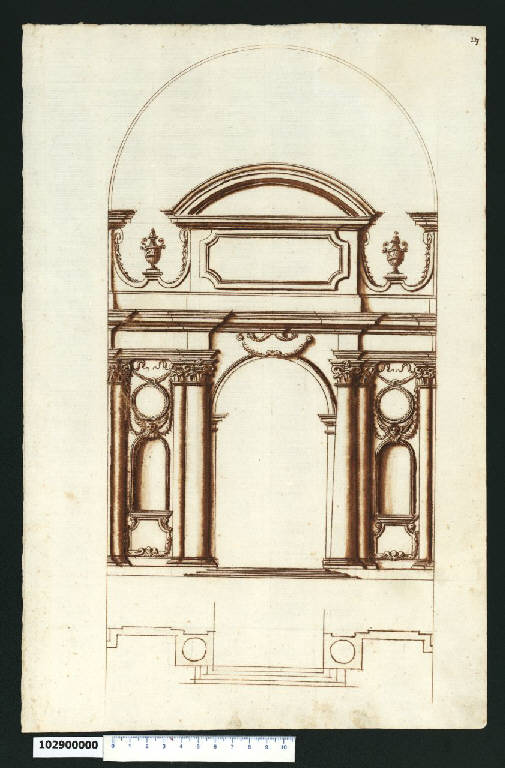 Pianta e prospetto di una cappella (disegno) - ambito romano (prima metà sec. XVII)