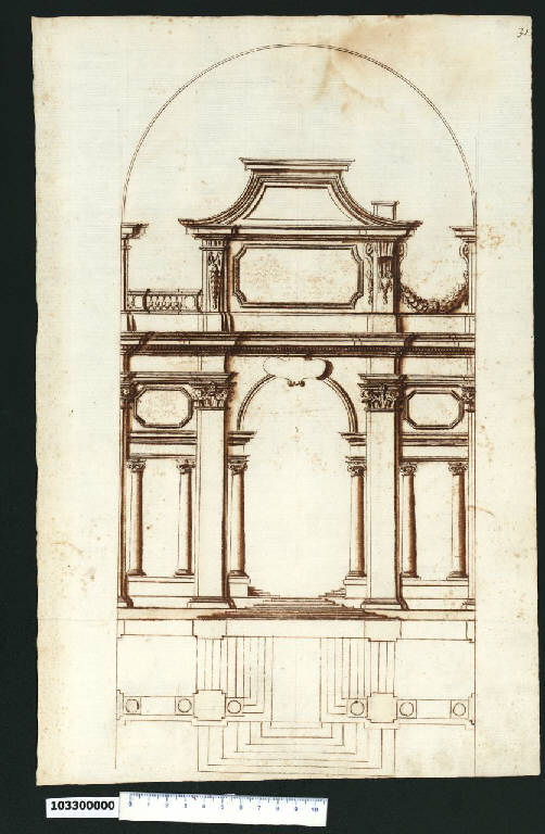 Pianta e prospetto di un ingresso di scala (disegno) - ambito romano (prima metà sec. XVII)