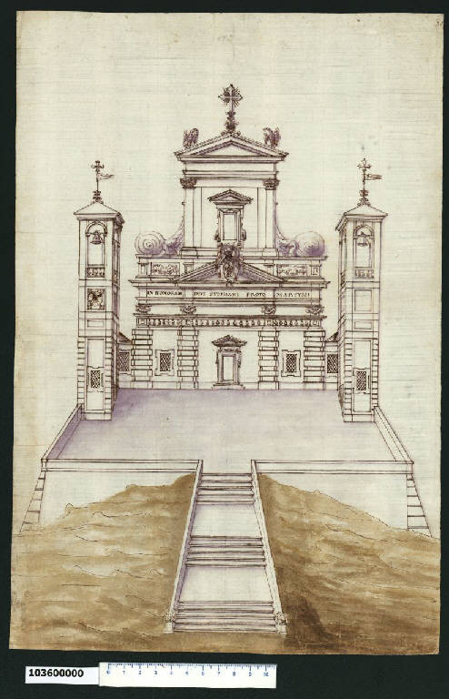 Veduta prospettica di chiesa dedicata a S. Stefano protomartire (disegno) - ambito italiano (secc. XVI/ XVII)