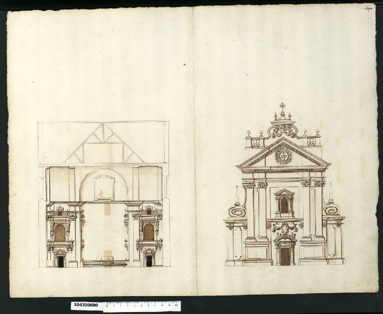 Sezione e prospetto della chiesa dei Carmelitani Scalzi a Varsavia (disegno) di Gisleni, Giovanni Battista (sec. XVII)