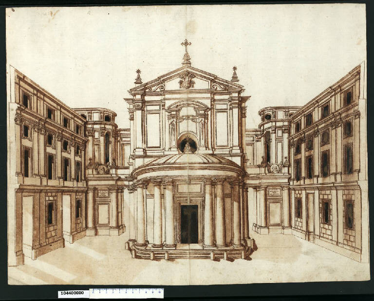 Veduta prospettica della chiesa e della piazza di S. Maria della Pace a Roma (disegno) di Martinelli, Domenico (attribuito) (sec. XVII)