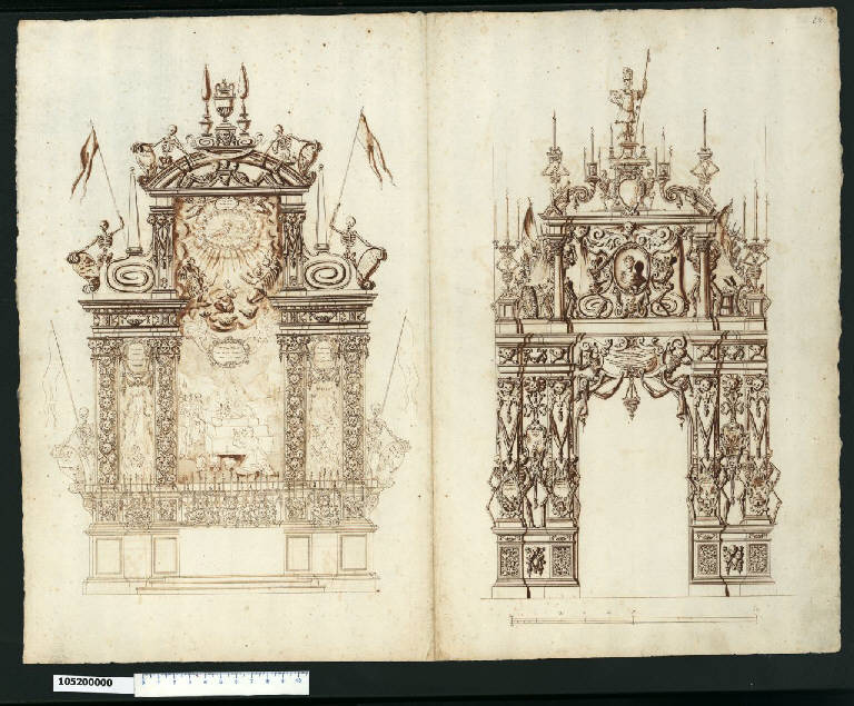 Prospetti di monumento funebre e di castrum doloris (disegno) di Gisleni, Giovanni Battista (attribuito) (sec. XVII)