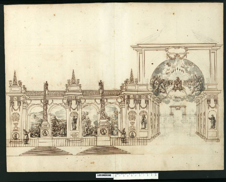 Veduta prospettica di un apparato per Quarantore (disegno) di Gisleni, Giovanni Battista (sec. XVII)