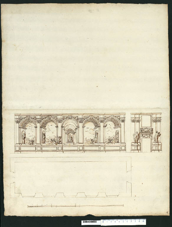 Pianta e veduta prospettica della galleria della villa regia di Varsavia (disegno) di Gisleni, Giovanni Battista (sec. XVII)