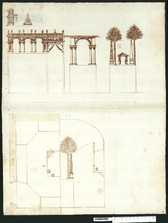 Pianta, prospetto e veduta prospettica di monumento e porticato (disegno) di Gisleni, Giovanni Battista (attribuito) (sec. XVII)