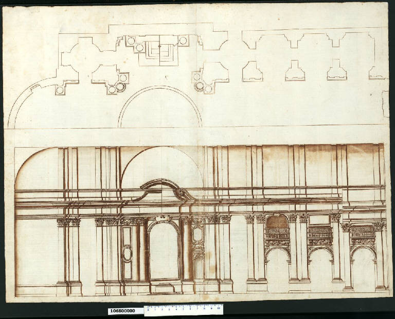 Pianta parziale e sezione longitudinale della chiesa del Gesù in Roma (disegno) - ambito romano (sec. XVII)