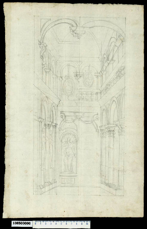 Veduta prospettica di atrio di palazzo in due soluzioni (disegno) - ambito bolognese (ultimo quarto sec. XVI)