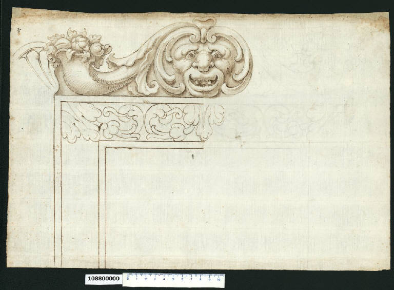 Cornice decorativa con mascherone (disegno) - ambito centro-italiano (sec. XVII)