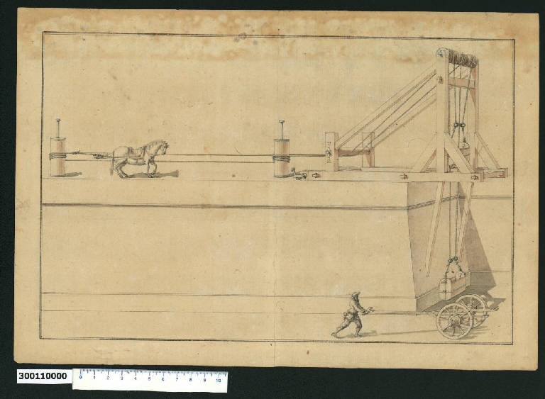 Veduta prospettica di macchina per sollevare materiali pesanti (disegno) di Martinelli, Domenico (sec. XVII)