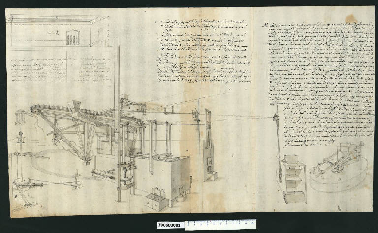 Veduta prospettica di stufa per seccare il grano e di macina (disegno) di Martinelli, Domenico (sec. XVII)
