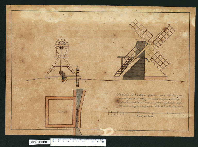 Pianta, sezione e vista prospettica di mulino di drenaggio olandese (disegno) di Martinelli, Domenico (sec. XVII)