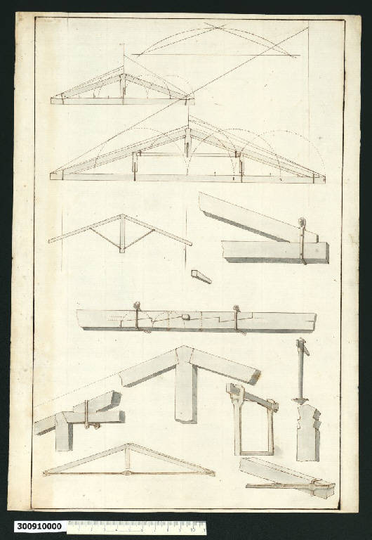 Prospetti di capriate lignee per tetti e vedute prospettiche di dettagli (disegno) di Martinelli, Domenico (secc. XVII/ XVIII)