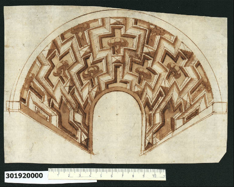 Veduta prospettica di volta a botte (disegno) - ambito romano (sec. XVII)