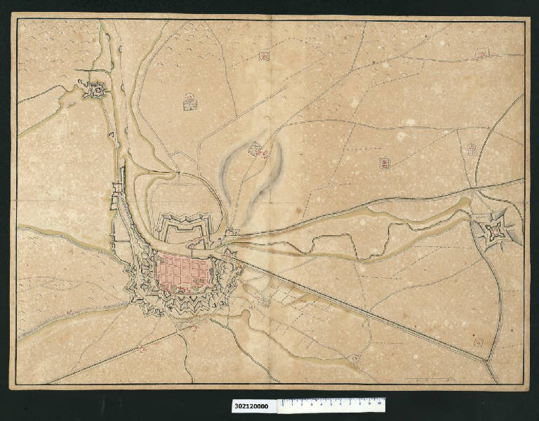 Pianta della città fortificata di Neuwpoort e dintorni (disegno) - ambito fiammingo (secc. XVII/ XVIII)