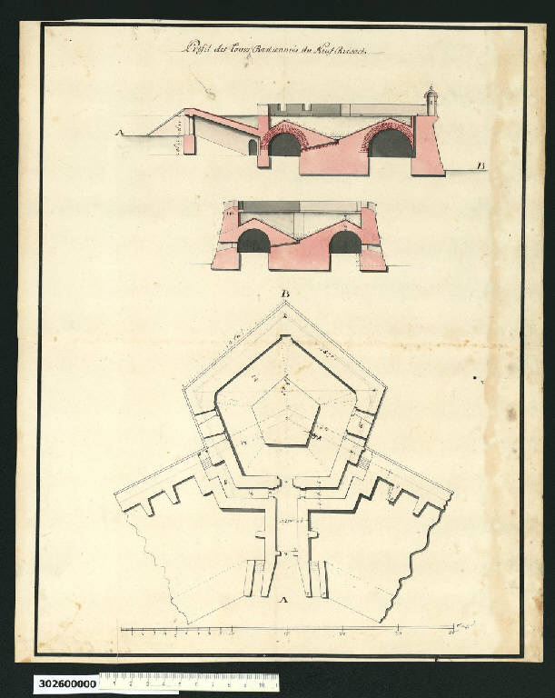Pianta e sezioni delle torri bastionate di Neuf Brisach (disegno) di Vauban, Sébastien Le Prestre ((?)) (secc. XVII/ XVIII)