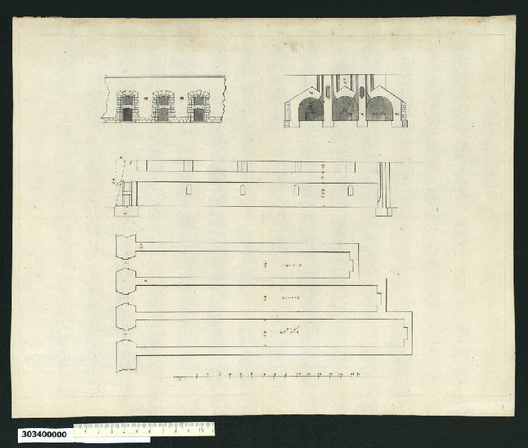 Pianta, prospetto e sezioni di depositi di munizioni (disegno) di Vauban, Sébastien Le Prestre ((?)) (secc. XVII/ XVIII)
