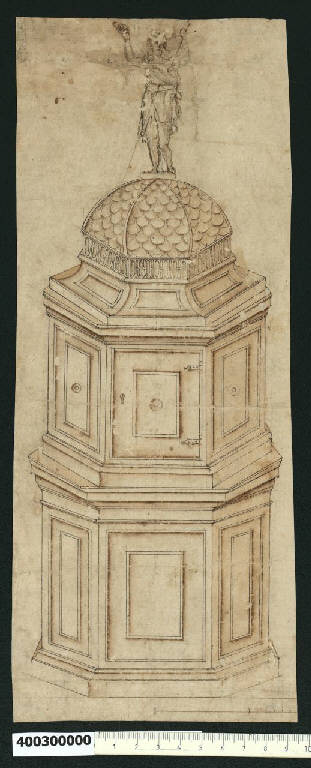 Veduta prospettica di un fonte battesimale (disegno) di Montano, Giovanni Battista (attribuito) (fine sec. XVI)