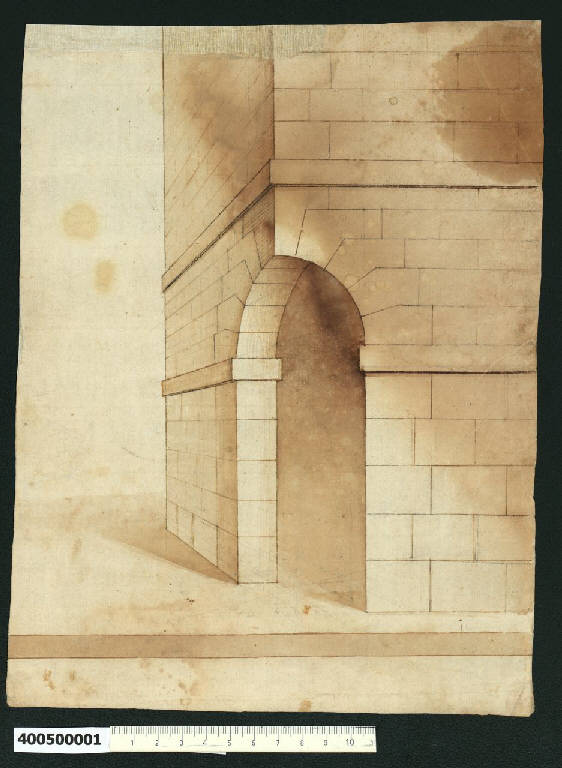 Veduta prospettica angolare di edificio con apertura ad arco (disegno) - ambito centro-italiano (seconda metà sec. XVI)