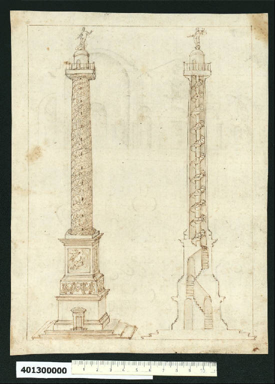 Prospetto e sezione della Colonna di Marco Aurelio a Roma (?) (disegno) di Montano, Giovanni Battista (attribuito) (primo quarto sec. XVII)