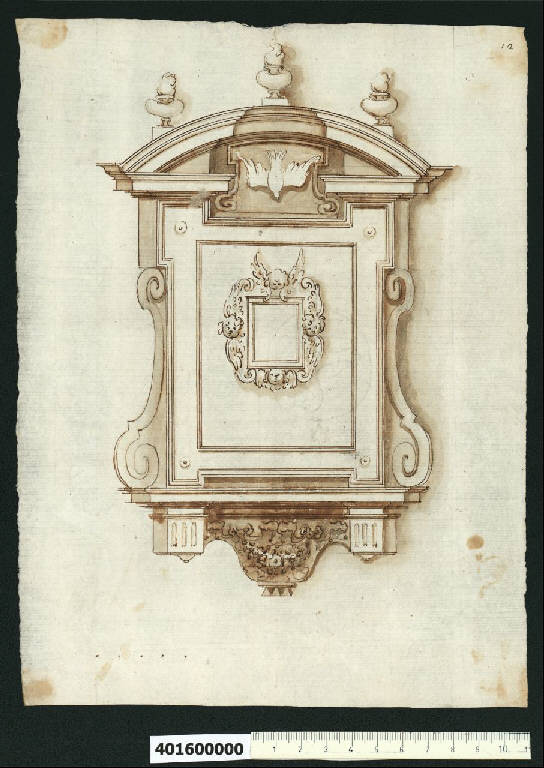 Prospetto di cornice decorativa per immagine (disegno) - ambito romano (sec. XVII)