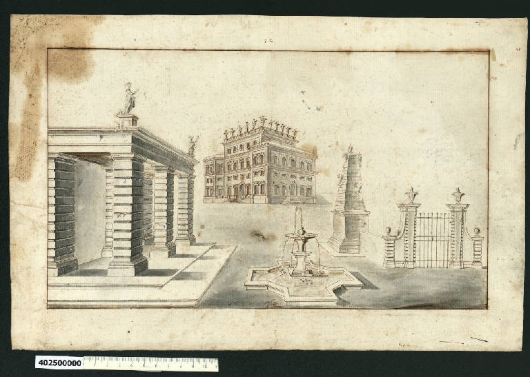 Veduta prospettica con villa Rospigliosi a Lamporecchio (disegno) di Fischer von Erlach, Johann Bernhard ((?)) (secc. XVII/ XVIII)