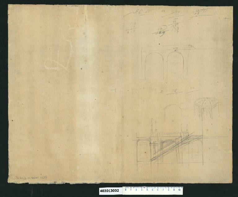 Sezione dello scalone del palazzo di Guglielmo III d'Orange a Bruxelles e altri dettagli (schizzo) di Martinelli, Domenico (sec. XVII)