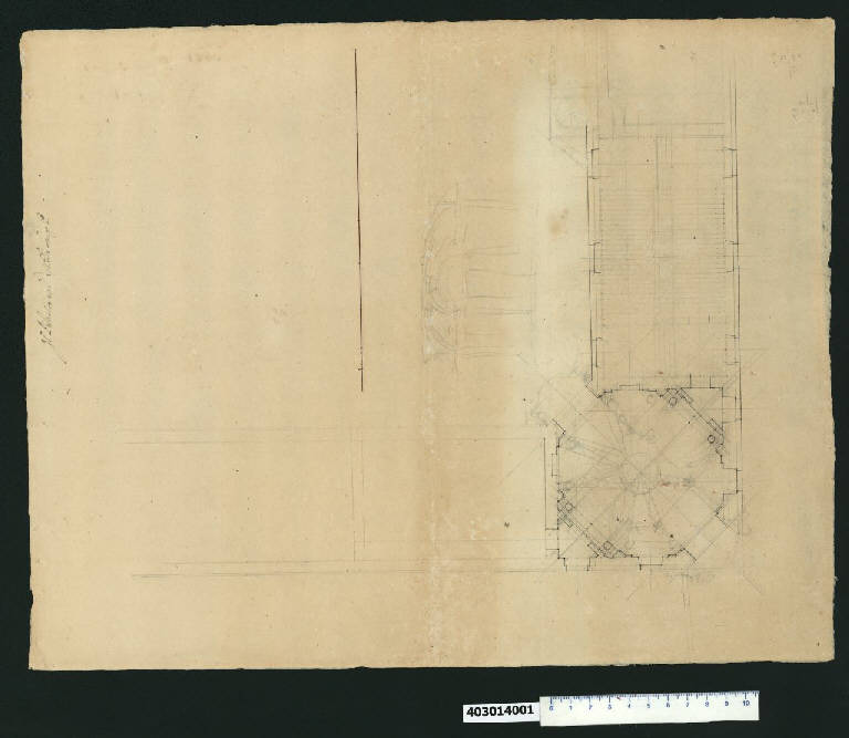 Pianta e sezione del vestibolo d'ingresso e dello scalone del palazzo di Guglielmo III d'Orange a Bruxelles (disegno) di Martinelli, Domenico (sec. XVII)