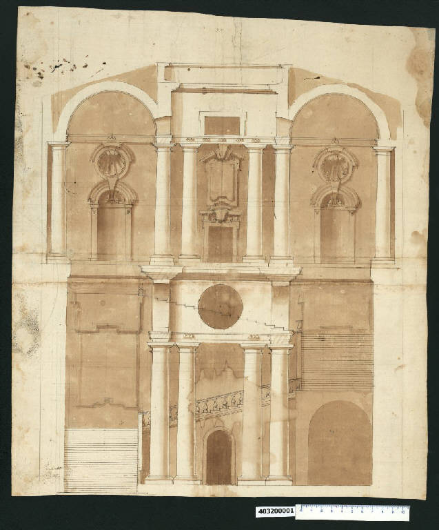 Prospetto su corte di un palazzo (disegno) - ambito romano (seconda metà sec. XVII)
