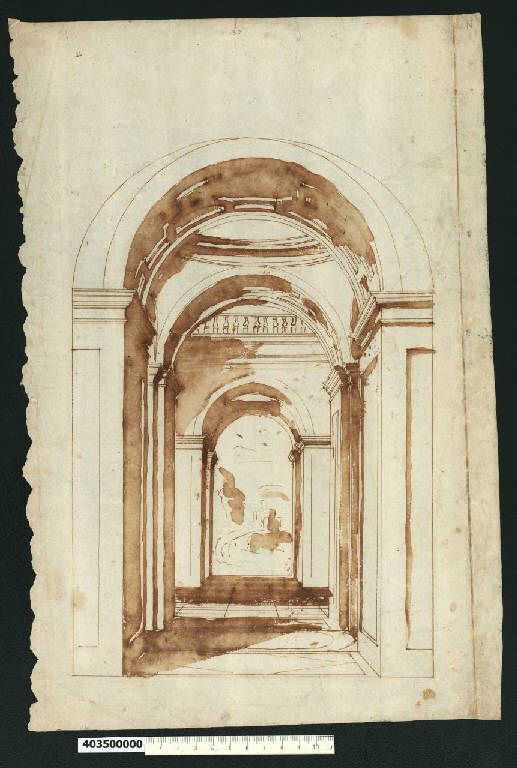 Veduta prospettica del cortile e del giardino interno di un palazzo (disegno) - ambito italiano (secc. XVII/ XVIII)