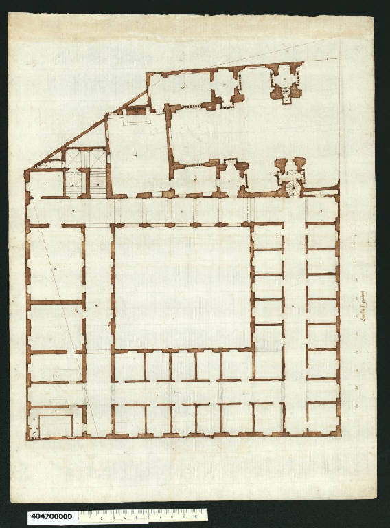 Pianta del piano superiore di una chiesa con convento (disegno) di Martinelli, Domenico (sec. XVII)