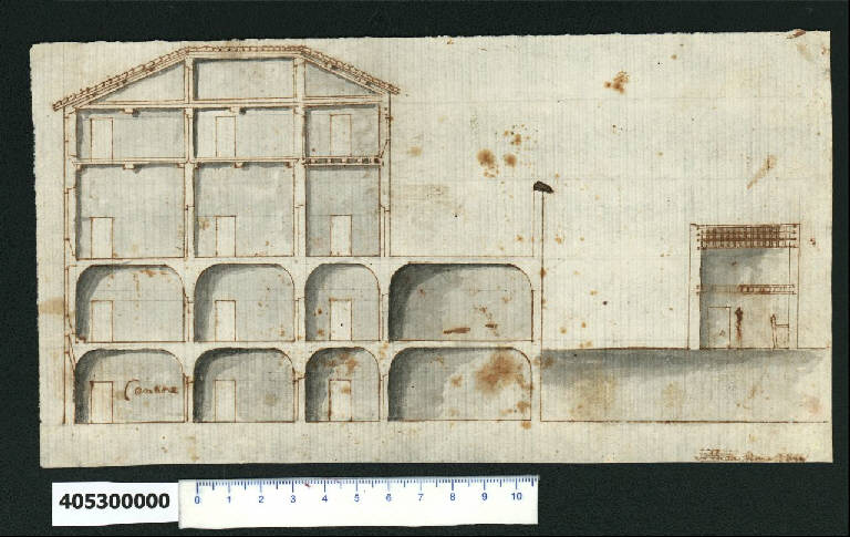 Sezione di edificio e di stalla (disegno) - ambito romano (sec. XVII)