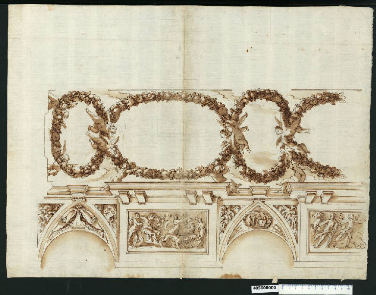Decorazione di parete e di soffitto (disegno) - ambito romano (secc. XVI/ XVII)