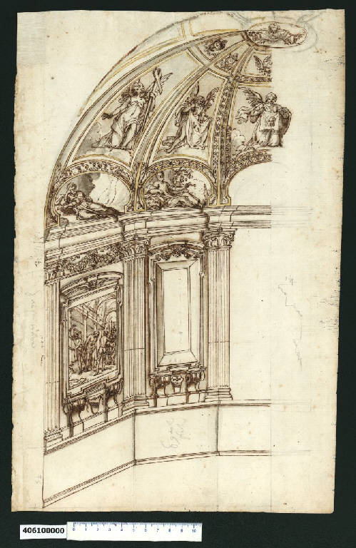 Veduta prospettica parziale di cappella con volta a spicchi (disegno) - ambito centro-italiano (ultimo quarto sec. XVI)