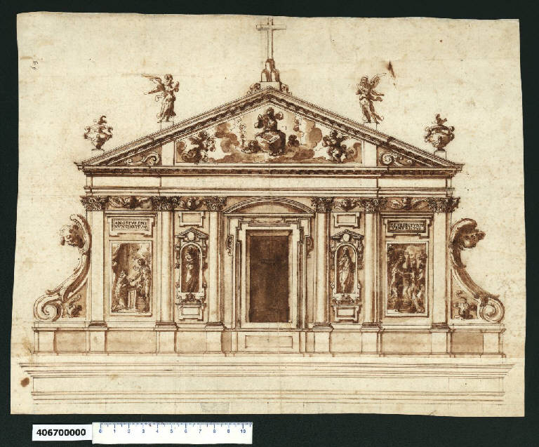 Prospetto di parte superiore di una chiesa dedicata alla Madonna (disegno) di Montano, Giovanni Battista ((?)) (secc. XVI/ XVII)
