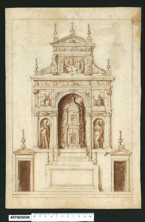 Prospetto di altare (disegno) di Montano, Giovanni Battista (attribuito) (secc. XVI/ XVII)